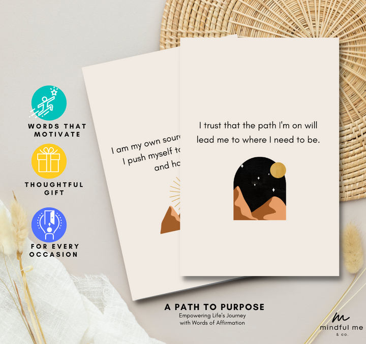 Mindful Me and Co Affirmation Cards Deck motivate inspire purpose and passion direction life purposeful life, affirmations, meaningful journey, empowering, fulfilling path, discover purpose, positive mindset, self-growth, align with purpose, transformation, living with purpose.