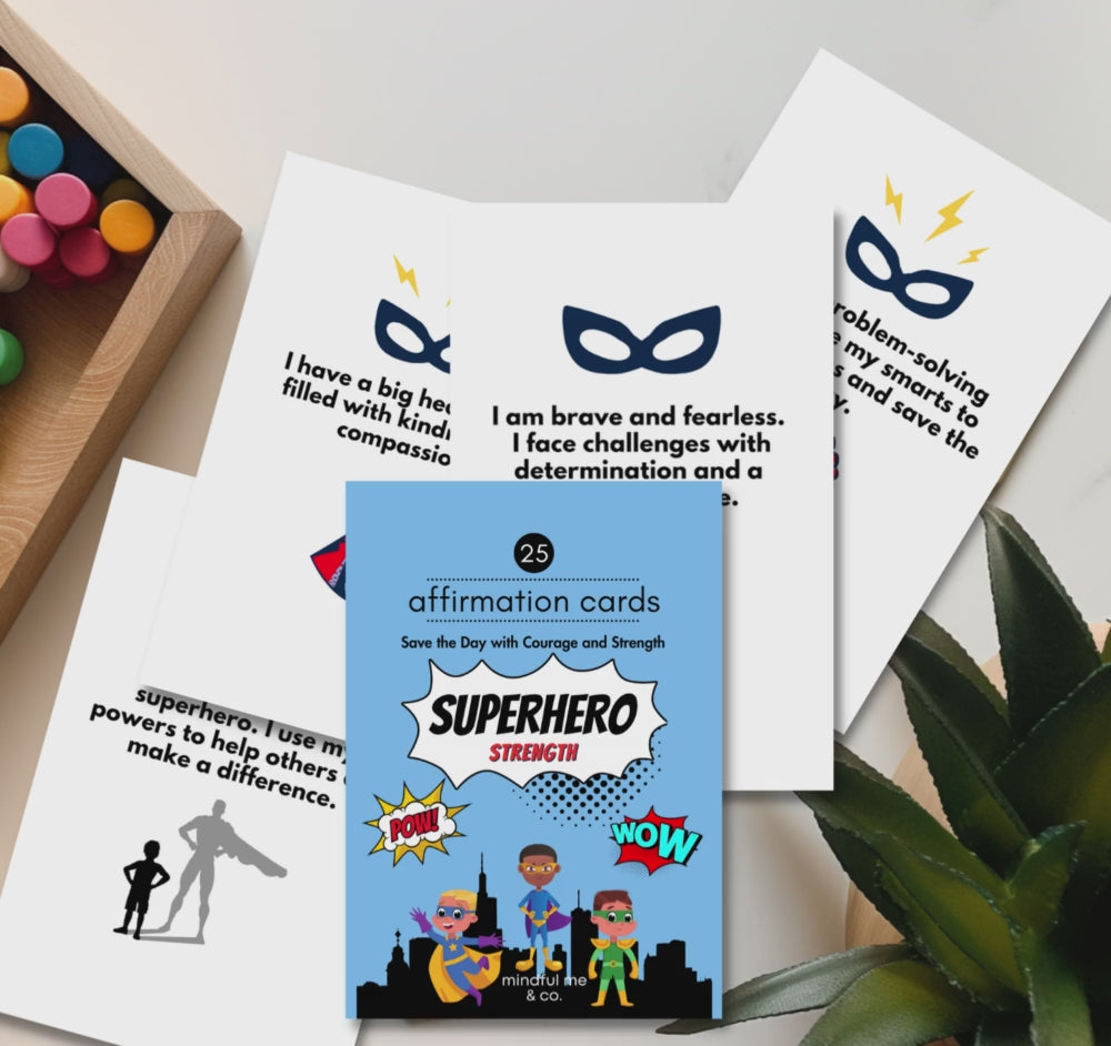 Mindful Me and Co Superhero Strength Kids Children Affirmation Cards Deck, positive, set of 25 cards, superhero flair, inspiration, colorful illustrations, empowering messages, courage, resilience, can-do attitude, challenges, creativity, inner superhero strength, spirits soar, confidence, conquer self-doubt, unique powers, daily boosts, extraordinary gift, positivity, connection, transformation, fearless, caped crusader, awesome, heroic potential.